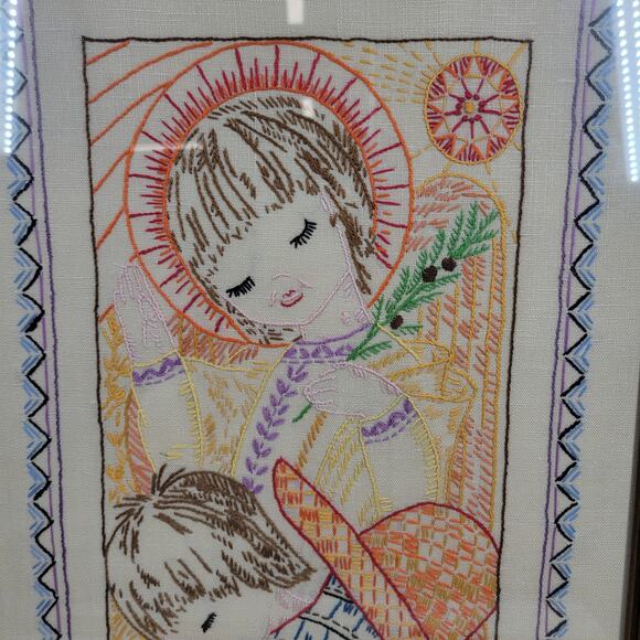 VINTAGE Finished Embroidery Religious Childrens Praying Kneeled Down Framed - Picture 13 of 16